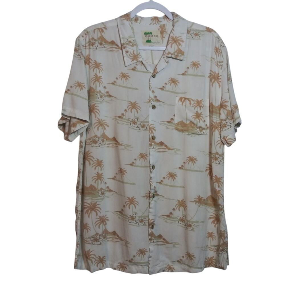 Kahuna Bay Tropical Beige Palm Tree Men's Camp Button Up Shirt Size XL